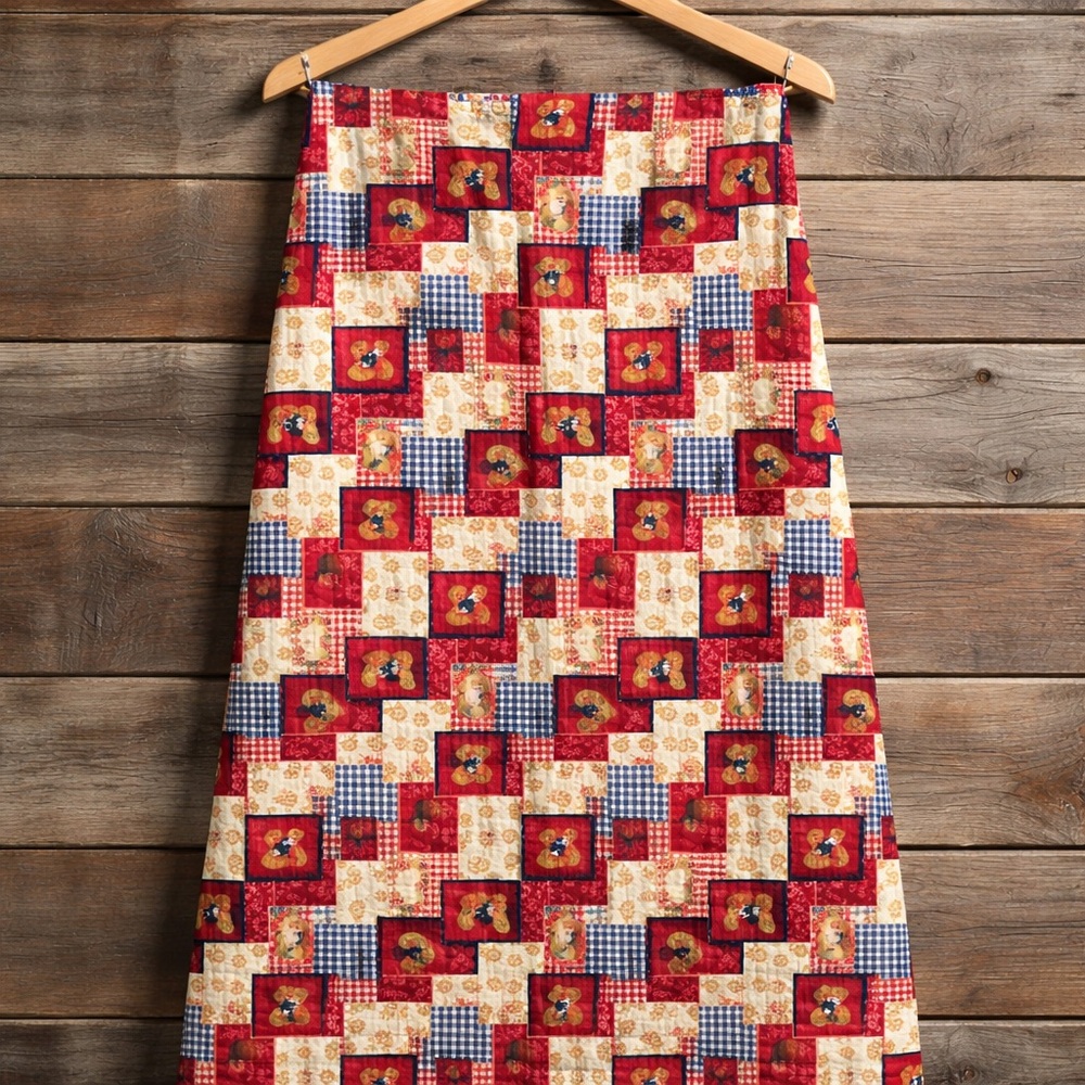 Handmade Patchwork Teddy Bear Floral and Gingham Print Baby Quilt